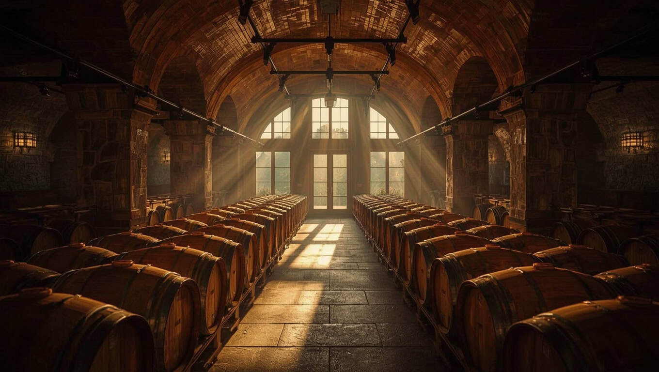 Interior de bodega con hileras de barricas de roble y iluminación cálida