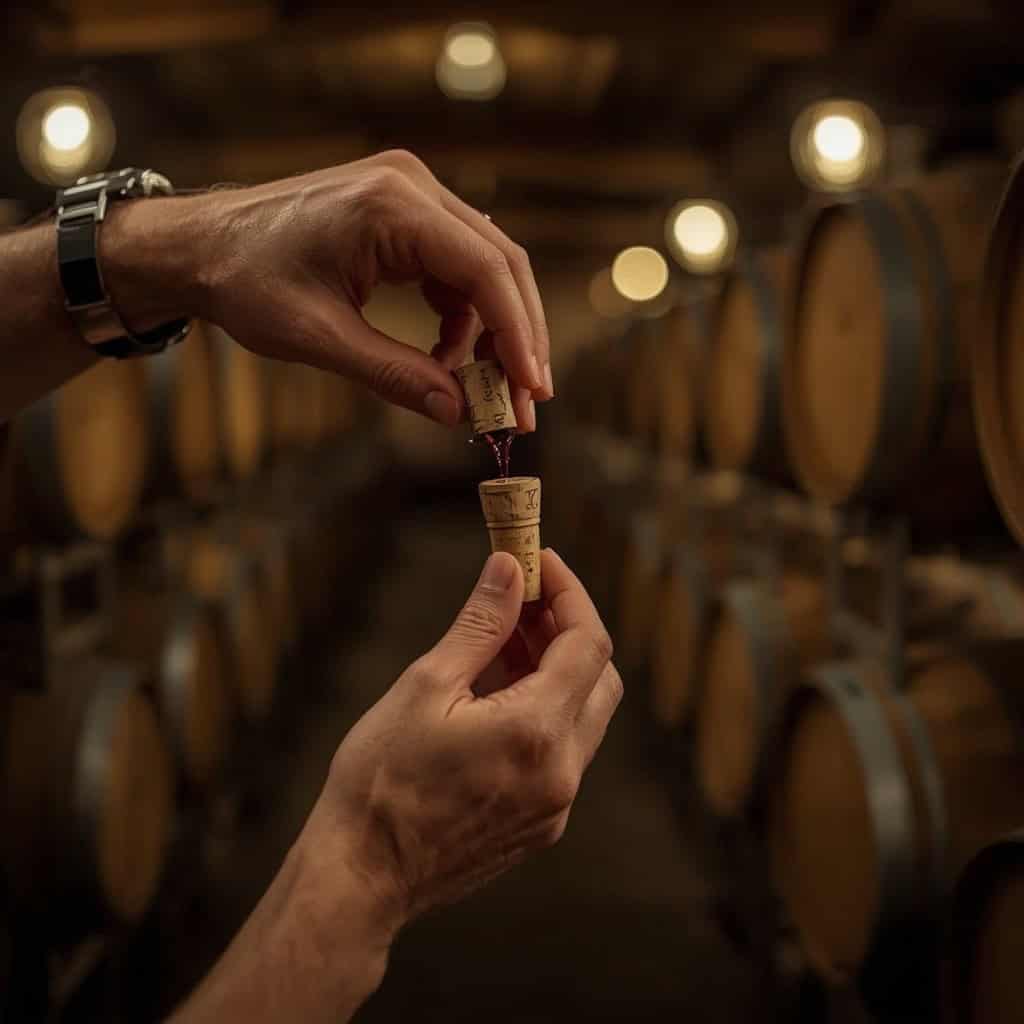 Primer plano de manos oliendo un corcho recién extraído en ambiente de bodega