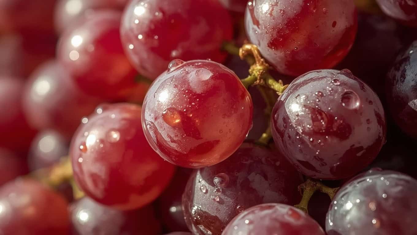 Primer plano de uvas tintas maduras mostrando la pulpa clara incolora y la piel púrpura brillante